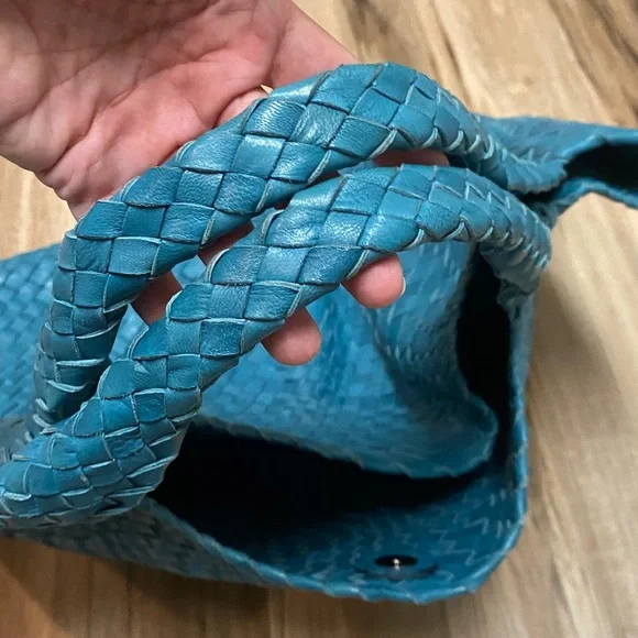 FALOR WOVEN ITALIAN SUPPLE LEATHER HANDBAG ITALIA TEAL W/ COIN POUCH ELEGANT EUC - Picture 10 of 14